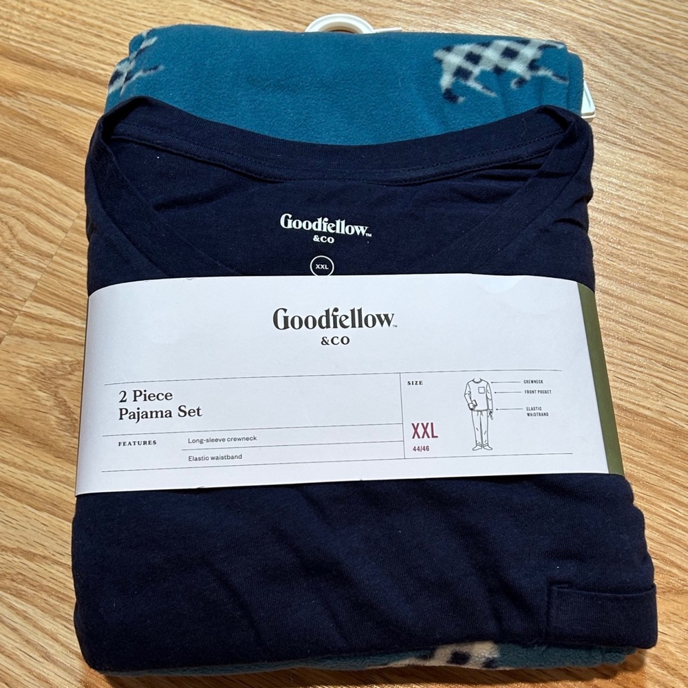 Goodfellow & Co Mens XXL 2 Piece Pajama Set Navy Teal Deer Plaid Fleece XXL